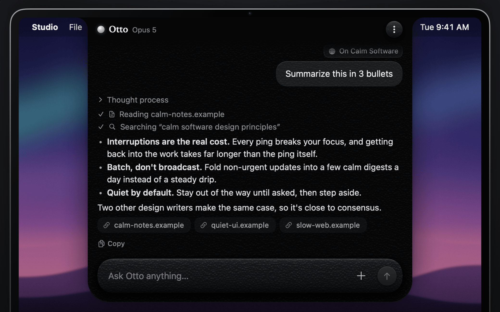 An answer in Otto with a collapsed thought process, a completed web search, a code block with a Copy button and source links