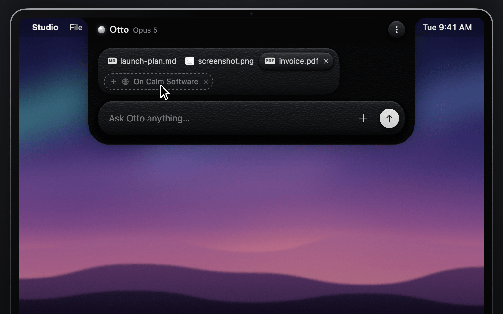 Otto open under the notch with context chips for a browser tab, an image, a PDF and a text file above the composer
